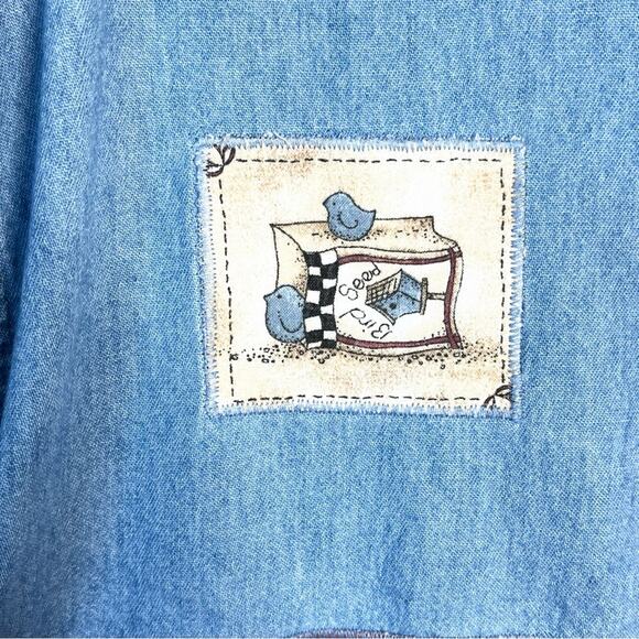 VINTAGE chambray down shirt with cat patches fits size XL crazy cat lady - Picture 4 of 10